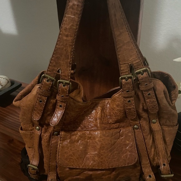 Kooba Cognac Pebble Leather Whipstitch Distressed Buckle Slouchy Large Hobo Bag - Picture 3 of 16